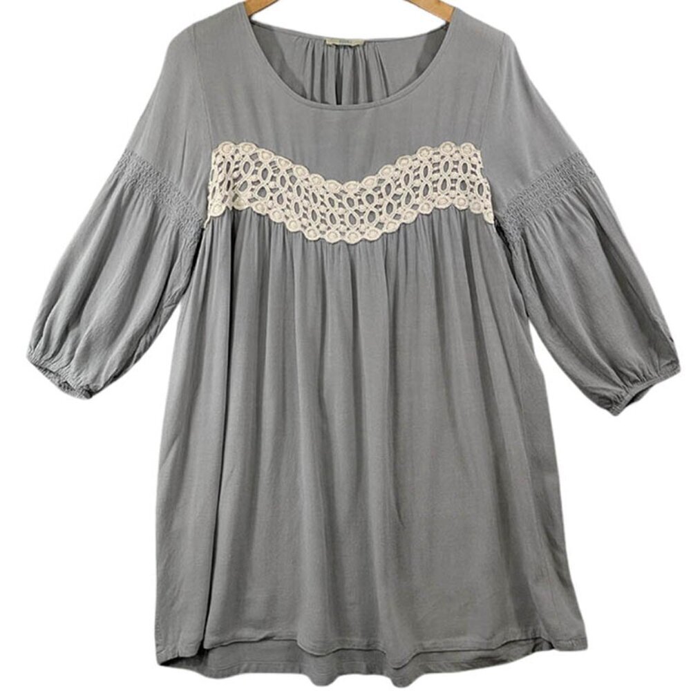 Kori America Dress Womens Small Gray Mini Boho‎ Top Tunic Festival Lace Babydoll